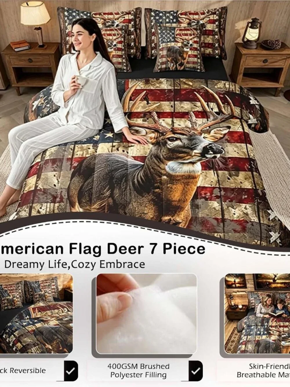 Deer Hunting Comforter Set with Sheets American Flag 7 Piece Bedding Set Queen S